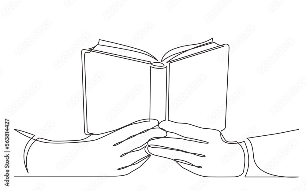 Poster continuous line drawing vector illustration with fully editable stroke of hands holding open book