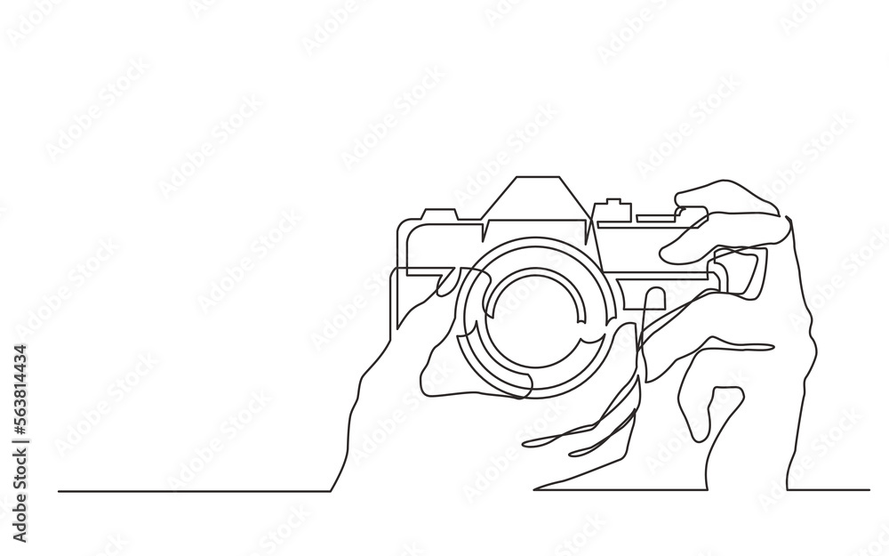 Sticker continuous line drawing vector illustration with FULLY EDITABLE STROKE of hands holding photo camera