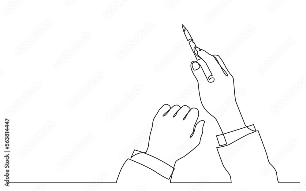 Poster continuous line drawing vector illustration with fully editable stroke of hands pointing with pen