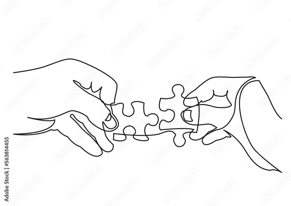 Poster continuous line drawing vector illustration with fully editable stroke of hands solving jigsaw puzzl