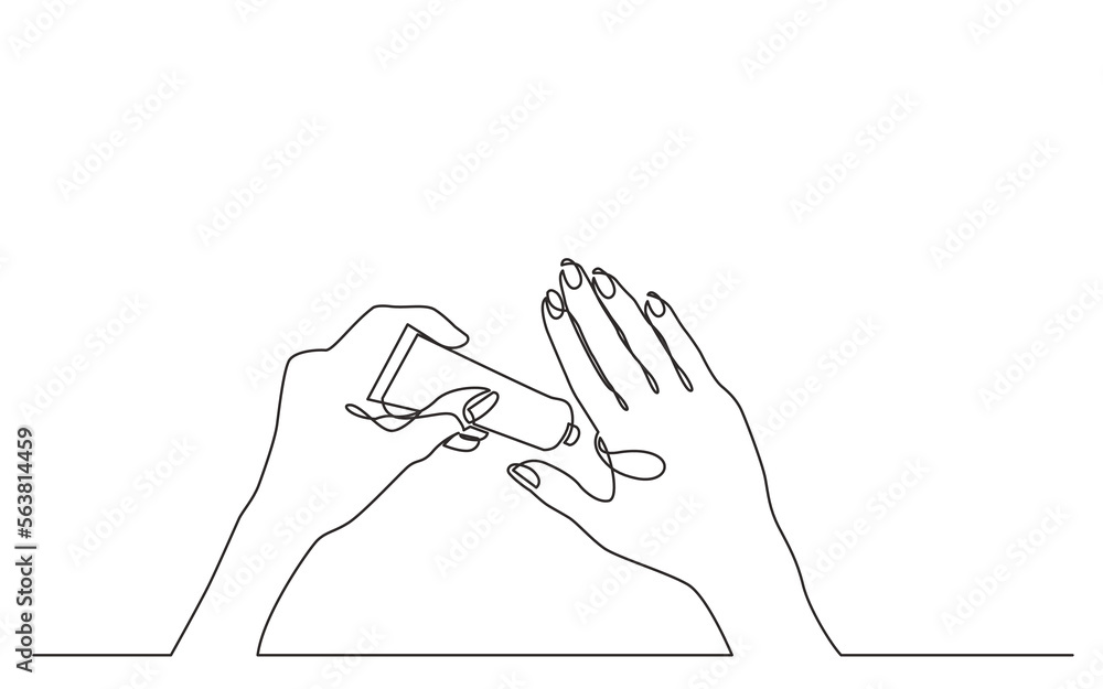 Poster continuous line drawing vector illustration with fully editable stroke of hands testing moisturizing
