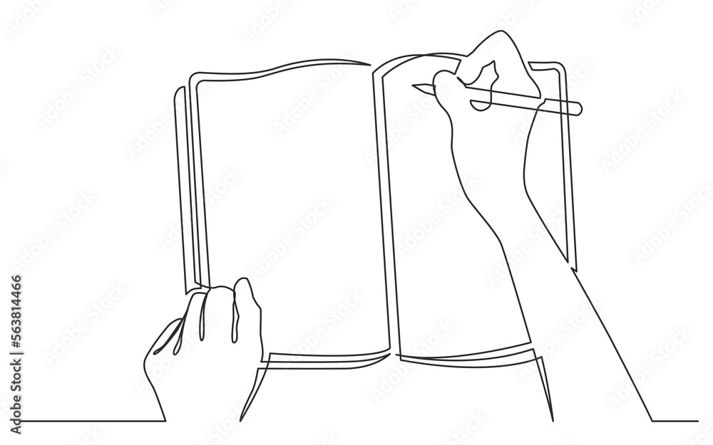 Poster continuous line drawing vector illustration with fully editable stroke of hands writing in workbook
