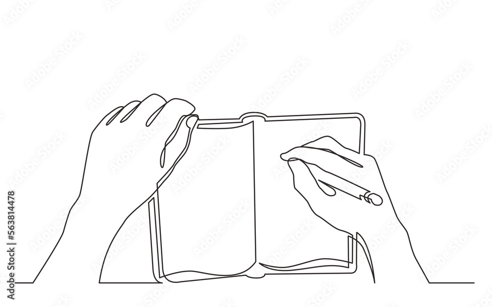 Poster continuous line drawing vector illustration with fully editable stroke of hands writing notes in wor