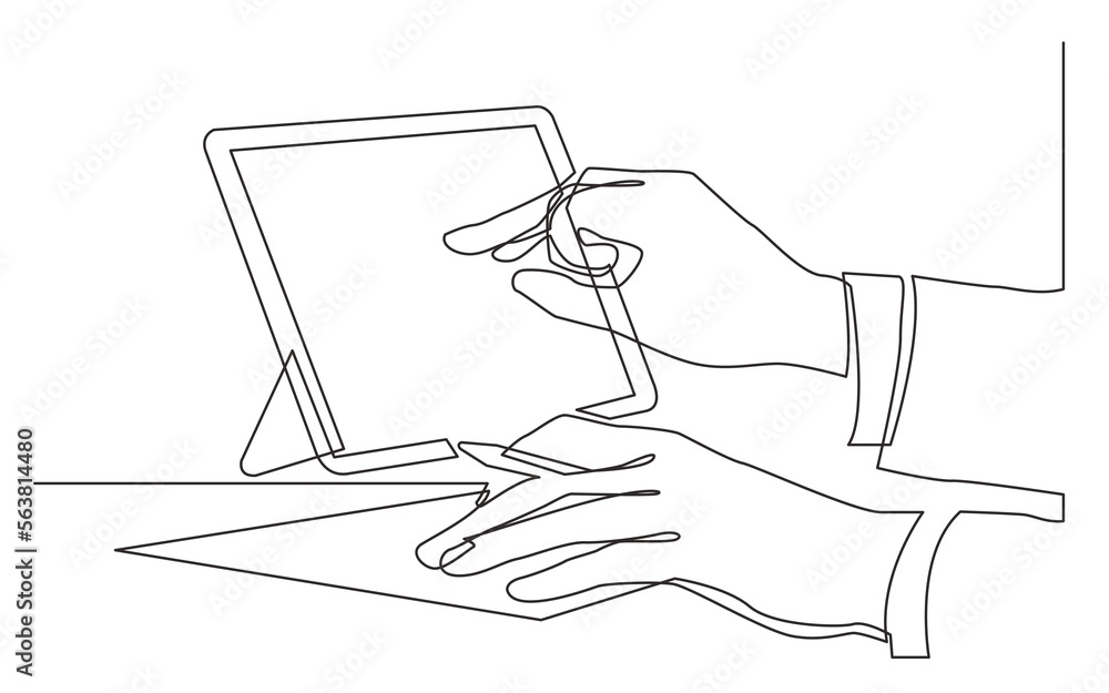 Poster continuous line drawing vector illustration with fully editable stroke of hands writing pointing at 