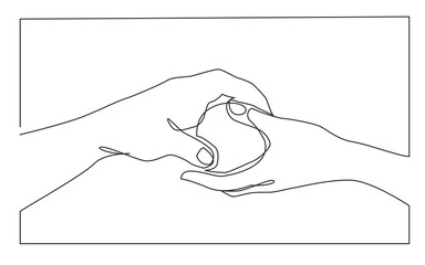 continuous line drawing vector illustration with FULLY EDITABLE STROKE of hands giving apple