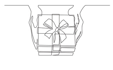 continuous line drawing vector illustration with FULLY EDITABLE STROKE of hands giving gift
