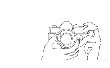 continuous line drawing vector illustration with FULLY EDITABLE STROKE of hands holding photo camera