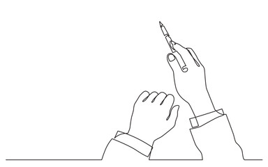 continuous line drawing vector illustration with FULLY EDITABLE STROKE of hands pointing with pen