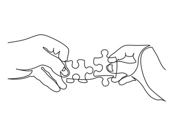 continuous line drawing vector illustration with FULLY EDITABLE STROKE of hands solving jigsaw puzzle