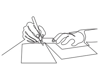 continuous line drawing vector illustration with FULLY EDITABLE STROKE of hands writing letter