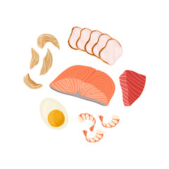 Traditional protein ingredients of asian food vector set. Fish meat and eggs isolated on white.