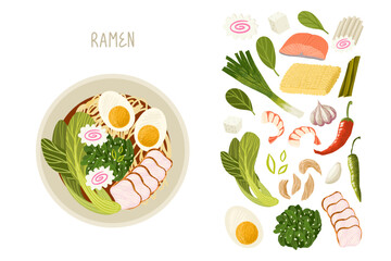 Ramen recipe template. Traditional asian cuisine. Flat lay. Vector clipart.