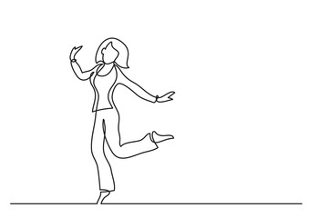 Fototapeta na wymiar continuous line drawing vector illustration with FULLY EDITABLE STROKE of cheering jumping woman