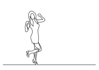 continuous line drawing vector illustration with FULLY EDITABLE STROKE of cheering woman in short dress