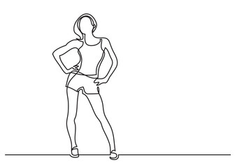 continuous line drawing vector illustration with FULLY EDITABLE STROKE of confident fitness woman standing