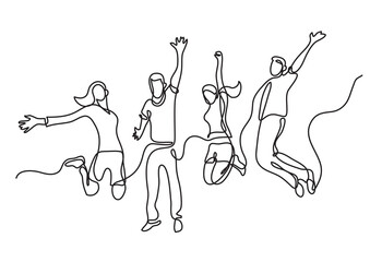 continuous line drawing vector illustration with FULLY EDITABLE STROKE of four jumping happy team members