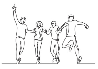continuous line drawing vector illustration with FULLY EDITABLE STROKE of group four jumping