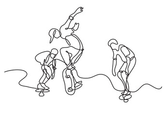 continuous line drawing vector illustration with FULLY EDITABLE STROKE of group of skaters