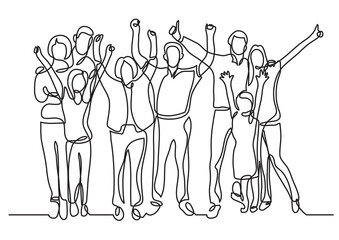 continuous line drawing vector illustration with FULLY EDITABLE STROKE of happy big family cheering