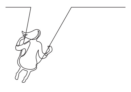 continuous line drawing vector illustration with FULLY EDITABLE STROKE of girl swinging on swing
