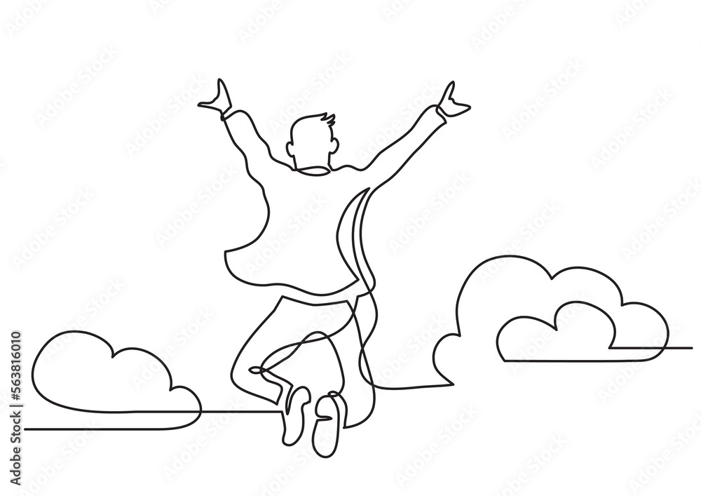 Poster continuous line drawing vector illustration with fully editable stroke of happy man jumping higher c
