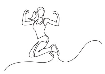 continuous line drawing vector illustration with FULLY EDITABLE STROKE of happy jumping woman athlete