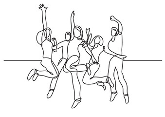continuous line drawing vector illustration with FULLY EDITABLE STROKE of happy teenagers jumping