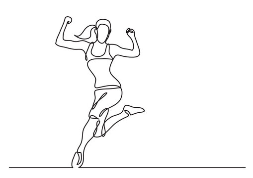 continuous line drawing vector illustration with FULLY EDITABLE STROKE of happy running athlete woman