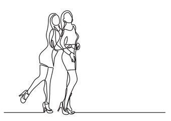 continuous line drawing vector illustration with FULLY EDITABLE STROKE of two happy standing young friends