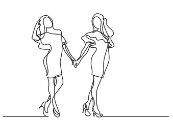 continuous line drawing vector illustration with FULLY EDITABLE STROKE of two happy standing young women