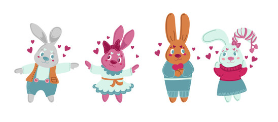 Obraz premium Valentine s day card with Kawaii bunny. Rabbit cartoon vector collection. Animal wildlife character. Small lovely rabbit holds love heart. Valentine s day illustration.