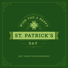 Happy Saint Patrick's Day clover ribbon classic vintage greeting card typography vector flat