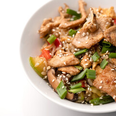 Udon noodles with chicken teriyaki, mushrooms, vegetables and sesame seeds. Asian cuisine. Dish on white background. Close-up. 