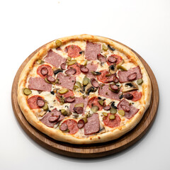 Pizza with ham, sausages, mushrooms, tomato, pickles and cheese. on white background. Pizza on wooden board. Serving the dish. View from above. 