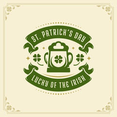 St Patrick's Day lucky of Irish beer mug vintage greeting card typographic template vector flat