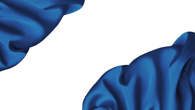 Blue satin fabric lays on the surface in the form of openwork folds, silk background, satin background