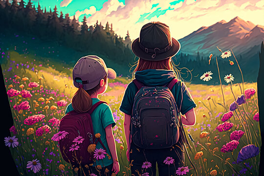 Two kids explore the beauty of nature on the flower meadow during hiking.  Realistic vector illustration style. Generative AI