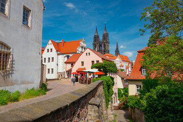 Naklejka premium 12.05.2022 view of the Albrechtsburg castle and the Meissen Cathedral. Meissen, Saxony, Germany