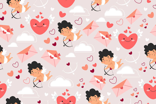 Seamless Pattern For Valentine's Day. Cupid, Hearts, Arrows Of Cupid, Messages Of Love. Vector Illustration.