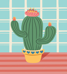 Flat cactus with flower. Сactus with flower in pot with hearts . Сan be used for greeting cards, invitations, stickers and prints. Illustration for birthday and valentine's. Still life illustration.