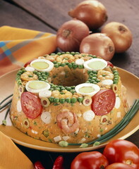 brazilian couscous, with tomatoes, eggs, shrimps and red pepper