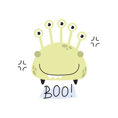 boo. Cartoon monster, hand drawing lettering. flat style, colorful vector for kids. baby design for cards, poster decoration, t-shirt print