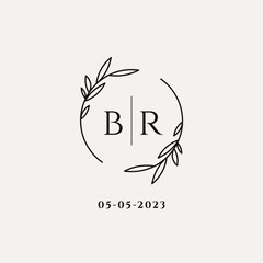 Letter BR wedding monogram logo design with simple natural circle leaf frame - obrazy, fototapety, plakaty