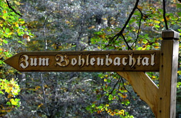 Trail Sign in Autumn in the Forest Eckernworth, Walsrode, Lower Saxony
