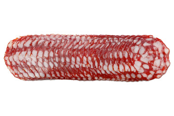 round slices in a row of servelat isolated on white background