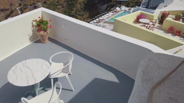 Panoramic view from caldera hotel balcony to Fira, Santorini