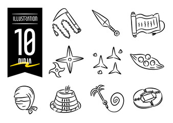 Set of 10 hand-drawn pop-style icon illustrations with ninja motifs © wakuwaku