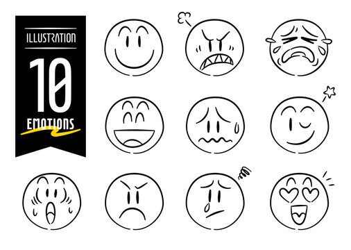 Set of 10 hand-drawn pop-style icon illustrations with emotion motifs