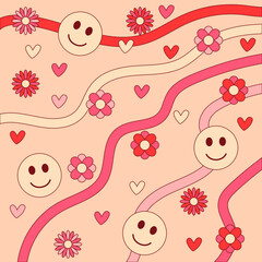 Backdrop with flowers, emoticons and hearts, in the style in hippie style on beige background