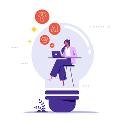 Content creation, creative person vector concept. Woman developer or Designer sitting in lightbulb with laptop and works on creative project. Symbol of creativity, writing, copywriting